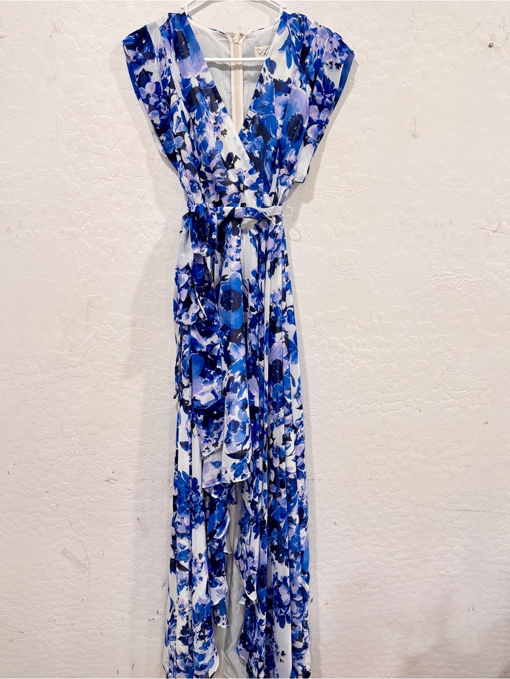Eliza J Floral Belted Ruffle High Low Dress Womens 10 Blue White Garden